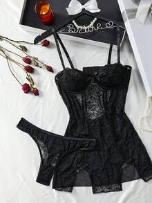 weiweihu Valentine's Day Gift Plant Print Lace Trimmed Pajama Skirt, V-Neck Halter Sleeping Mini Dress, High Slit Bow On Both Sides, Beige Sling Ladies Pajamas And Dresses,Lingerie For Women,Lencería Para Mujer,Sleepwear For Women,Pajama Sets For Women,Dresses For Women,Lenceria Mujer,Valentines Dress,Valentine Day Dress,Pijamas De Mujer,Valentine Outfits For Women - 黑色 - 查看 1