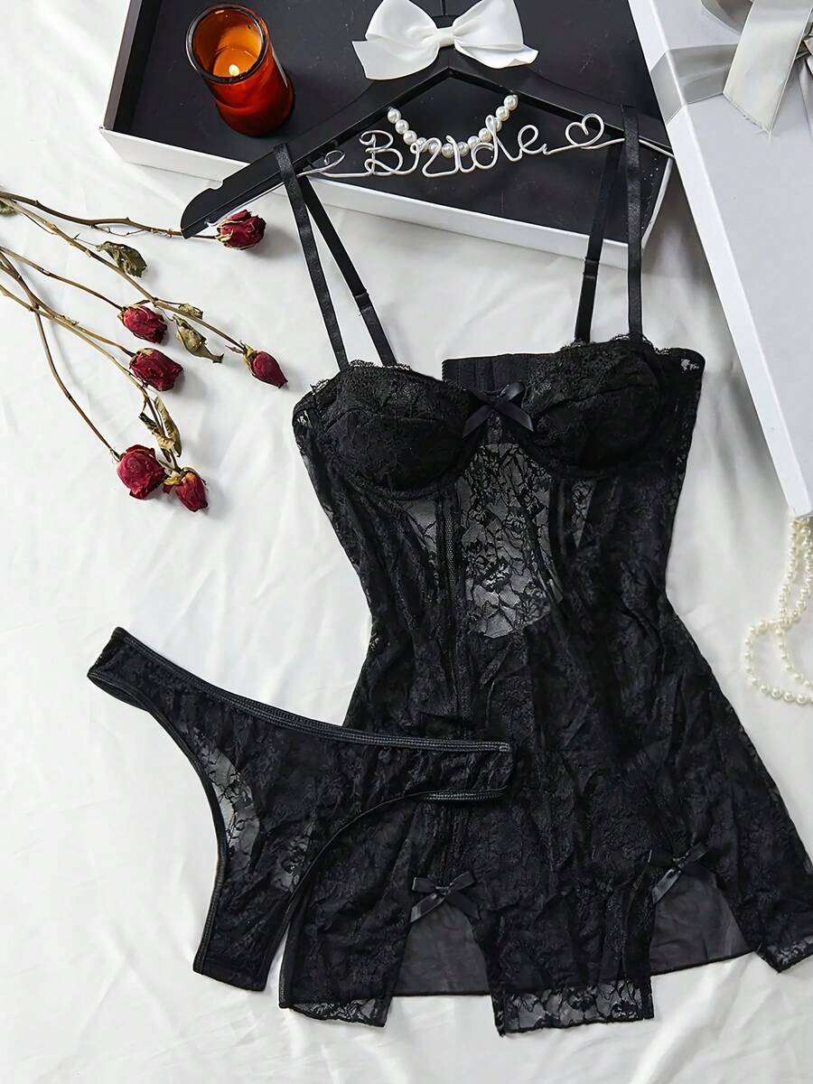 weiweihu Valentine's Day Gift Plant Print Lace Trimmed Pajama Skirt, V-Neck Halter Sleeping Mini Dress, High Slit Bow On Both Sides, Beige Sling Ladies Pajamas And Dresses,Lingerie For Women,Lencería Para Mujer,Sleepwear For Women,Pajama Sets For Women,Dresses For Women,Lenceria Mujer,Valentines Dress,Valentine Day Dress,Pijamas De Mujer,Valentine Outfits For Women - 黑色 - 查看 1