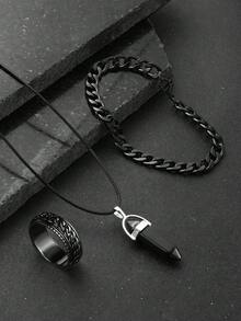 4 Stücke/Set lässige, modische ultradünne runde schwarze Legierungs-Armbanduhr, schwarzer Hexagon-Anhänger Halskette, Ring, Ketten-Armband Set, Legierungs-Mesh-Cut-Out-Design, batteriefrei, Geschenk für ihn zum Geburtstag, geeignet für Weihnachten, Geburtstag, Thanksgiving - Schwarz - Übersicht 12