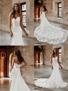 Elegant Sexy Lace Applique Embroidery Mermaid Wedding Dress For Bride,Off Shoulder Tube Top Tuyhe Formal Evening Party Dress Bridal Gowns,Romantic Church Ceremony Wedding Dress,Suitable For Wedding,Dating,Birthday Party,Singles' Party,Vacation,Formal Occasions,Dinner Dress,Prom Dress,Homecoming Dress,Cocktail Party - 白色 - 查看 6