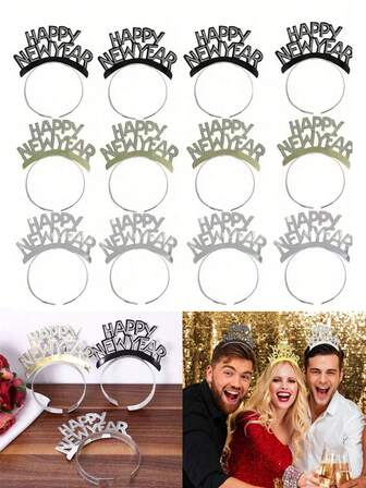 1/12pcs Happy New Year Headband - Holiday Party Favors, Gold, Silver And Black Design, Paper Material, Suitable For New Year Celebration And Decoration