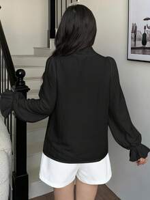 abyoxi Women's Black V-Neck Bowknot Collar Long Sleeve Casual Office Shirt Blouse, Autumn/Winter - Black - View 3