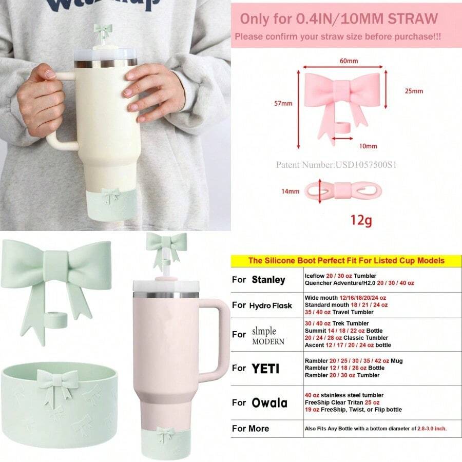 7.5cm Silicone Bottle Cover And10mm Bow Shape Straw Topper For   30 40oz H2.0 IceFlow 20 30 Oz Tumbler 2pcs Green - 2pcsGreen - 查看 1