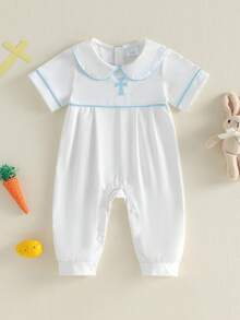 Baby Boy Girl Easter Outfit Doll Collar Cross Embroidery Romper Smocked Ruffle Jumpsuit Summer Baptism Clothes - 白色 - 查看 6