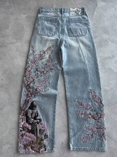 ‌Y2K Hip-Hop Streetwear Men's Jeans: Heavyweight Embroidered Wide-Leg Pants, Loose Fit Vintage Style‌