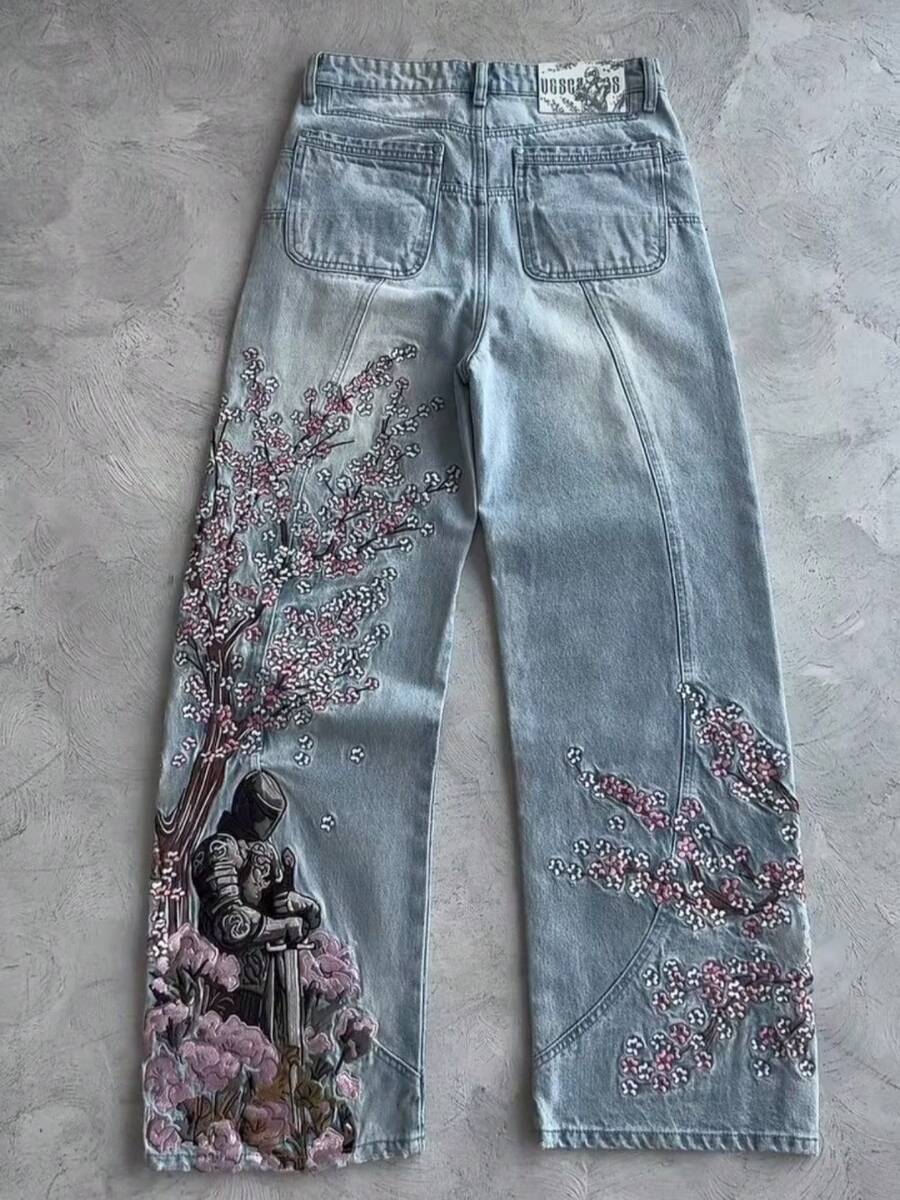 ‌Y2K Hip-Hop Streetwear Men's Jeans: Heavyweight Embroidered Wide-Leg Pants, Loose Fit Vintage Style‌ - 藍色2(已生產) - 查看 1