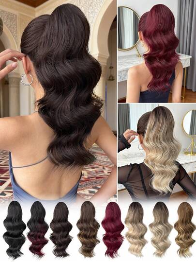 Claw Shaped Ponytail Extension Hair Accessory, Black, Brown, Burgundy, Gradient Brown, Multi-Color, 16 Inch Long Wave Heat-Resistant Fiber Synthetic Ponytail Wig, Suitable For Women's Christmas, Halloween, Music Festivals, Parties, And Daily Use