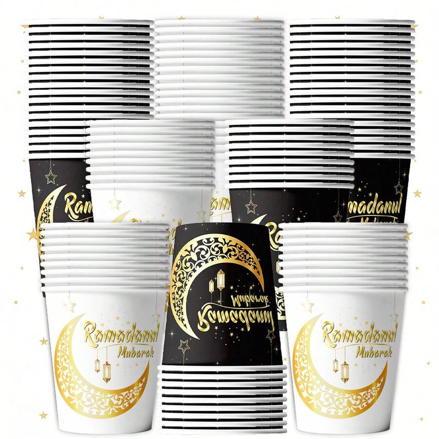 10/20pcs Black & White Ramadan Theme Disposable Paper Cups, Two-Tone Styles With Moon & Lantern Patterns, For Eid Al-Fitr Party Celebration - Multicolor - View 1