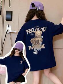 Tween Girl Summer 1pc Double-Sided Bear Print Crew Neck Short Sleeve T-Shirt, Young Student Clothing - Navy Blue - View 2