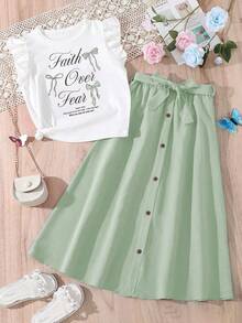 Young Girl Slogan Bow Print Round Neck Cap Sleeve Top And Single-Breasted Mini Skirt Casual Suit - White - View 1