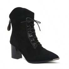 Women's Black Back Zipper Short Boots, Fashion Chunky Heel Pointed Toe Lace-Up Mid-Calf Boots, Autumn/Winter New - Black - View 6