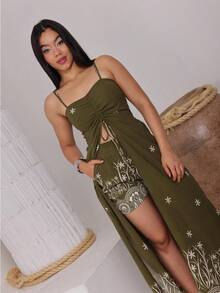 Midi Dress And Shorts Set With Floral Print, Dune Fabric, Padded Cups, Adjustable Straps, And A Front Opening With Ruching. - 查看 7