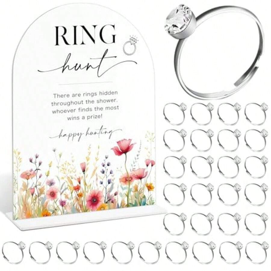 DRing Hunt Game For Bridal Shower With 30 Rings Floral Acrylic Signs For Wedding Wedding Signage For Reception Bridal Shower Games For Bachelorette Night Proposal Engagement And Anniversary 23 - White - View 1