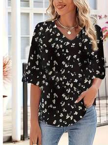 女士宽松印花荷叶袖休闲度假衬衫 - 黑色 - 查看 3