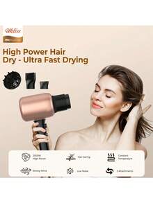 2000瓦负离子吹风机，配备3个配件（扩散风嘴、集风嘴、直发风嘴）——适用于短发和长发的快速干发造型工具 - 黑色 - 查看 3