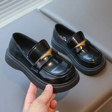 1 Pair Girls' Casual Slip-On Leather Shoes, Minimalist & Fashionable - Black - View 7