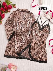 Hourtrue 3pcs Leopard Print Lace Patchwork Sleepwear Set, V-Neck Nightgown With Tie Waist Belt, Elegant Women Pajamas & Loungewear - Khaki - View 18