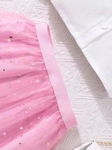 Bộ 2 món cho bé gái: Áo cardigan tay bồng màu trắng cài cúc thêu hoa và chân váy lưới lấp lánh màu hồng, trang phục thường ngày kiểu công chúa ngọt ngào. - trắng - Xem 7