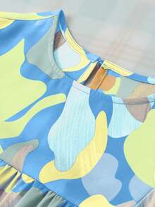 Women's Abstract Pattern Loose Fit Round Neck Blouse Summer - Blue - View 3