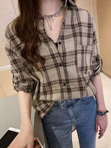 Camisa de mujer Camisa de cuadros de manga larga para mujer, nueva colección de verano y otoño, diseño suelto con bolsillos, blusa casual y chaqueta - Caqui - Ver 2