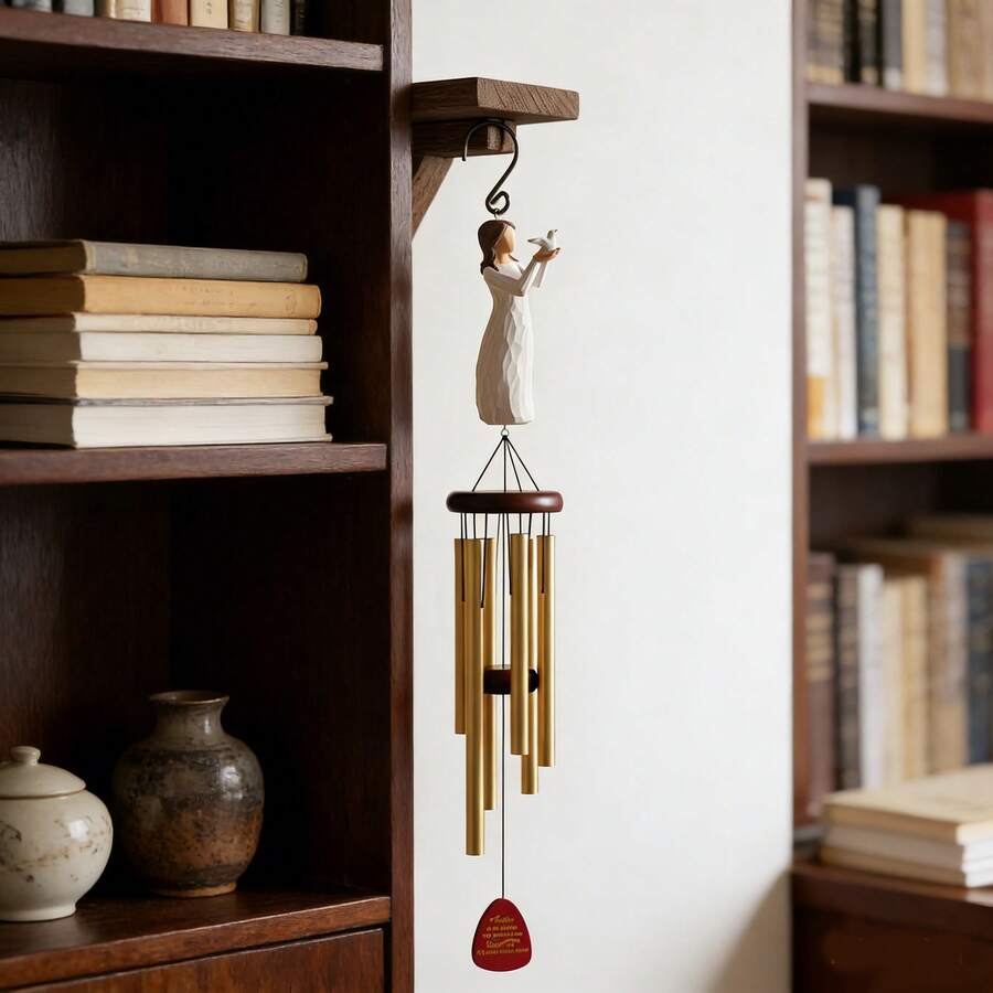 MINGZHANG 1pc 30cm Peaceful Figurine Wind Chime – Inspirational Design, White Dress With Small Bird, Aluminum & Wood For Indoor Or Outdoor Hanging Decoration, Modern Style With Vertical Columns And Wooden Bottom Plate, Suitable For Balcony, Garden Or Living Room Display - 金色 - 查看 1