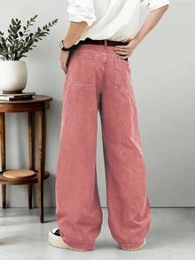 1pc Retro American Style Men's Loose Fit Wide Leg Brown Jeans, Cartoon Elephant Embroidery, Unisex (Belt And Accessories Not Included) - Pink - View 3