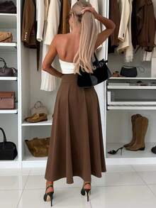 Chân váy nữ dáng chữ A màu trơn thanh lịch và thời trang, thắt eo, khóa kéo bên hông. - Màu nâu  Mocha - Xem 2