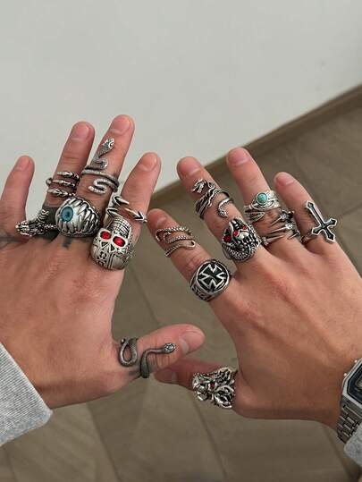Set de 15 piezas de anillos apilables de metal con elementos góticos vintage exagerados como ojos de demonio, calaveras, cabezas de serpiente, dragón, cruz - Punk, Hip-Hop, fiesta, casual, calle, boda, fiesta de rock, para hombres y mujeres, regalo versátil para cumpleaños y vacaciones