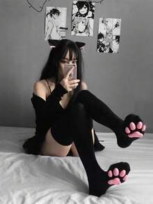3D猫爪过膝袜，可爱柔软的趾袜，猫爪垫袜，适合女孩和女士角色扮演服装 - 黑色 - 查看 3