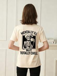 Women's Summer New Simple Slogan Print Casual Vacation Loose Fit Round Neck Short Sleeve T-Shirt, Fashionable Everyday Top, Suitable For Daily And Vacation Wear. Women's T-Shirt Top. - Apricot - View 2