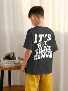 T-shirt à col ras-du-cou imprimé décontracté pour garçons préadolescents, Top d'été - Gris foncé - Voir 2