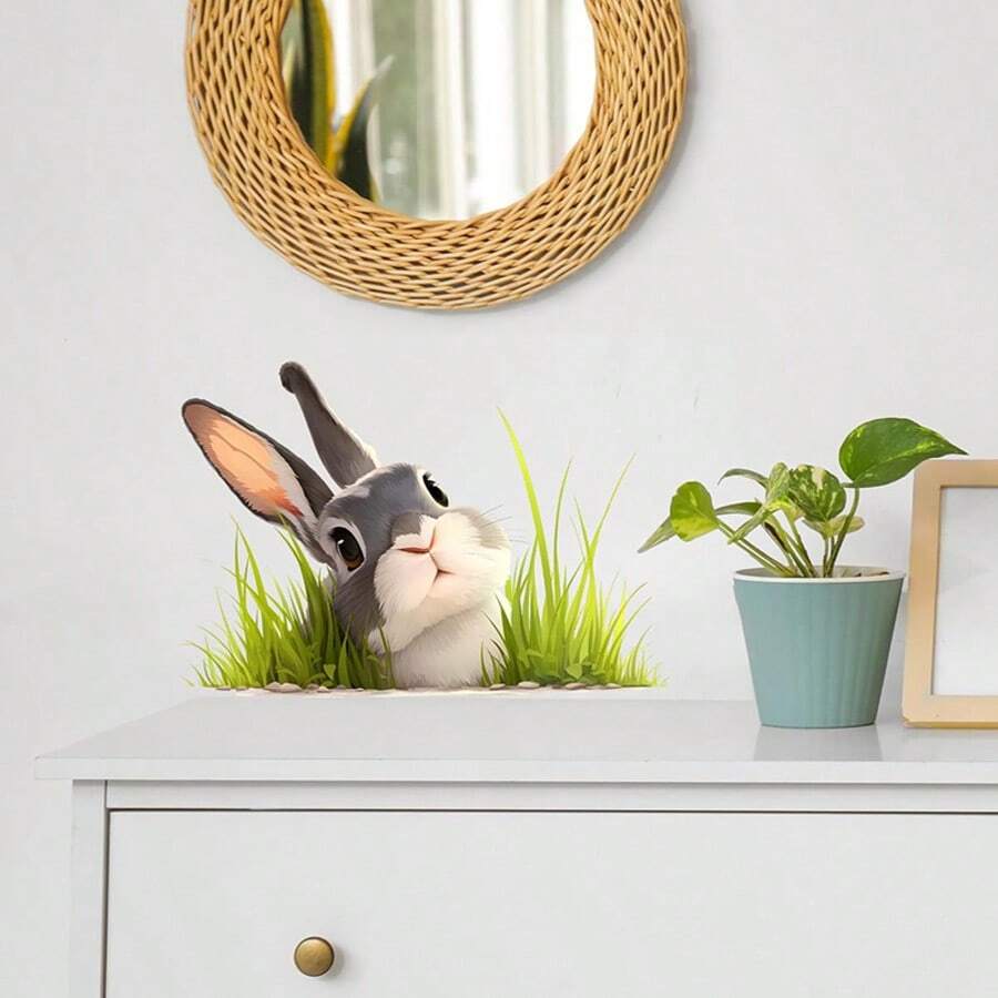 1pc Rabbit In Grassland Wall Decal | Self-Adhesive, Glossy PVC, Ideal For Country Style Bedrooms And Living Rooms, Single Use - Multicolor - View 1