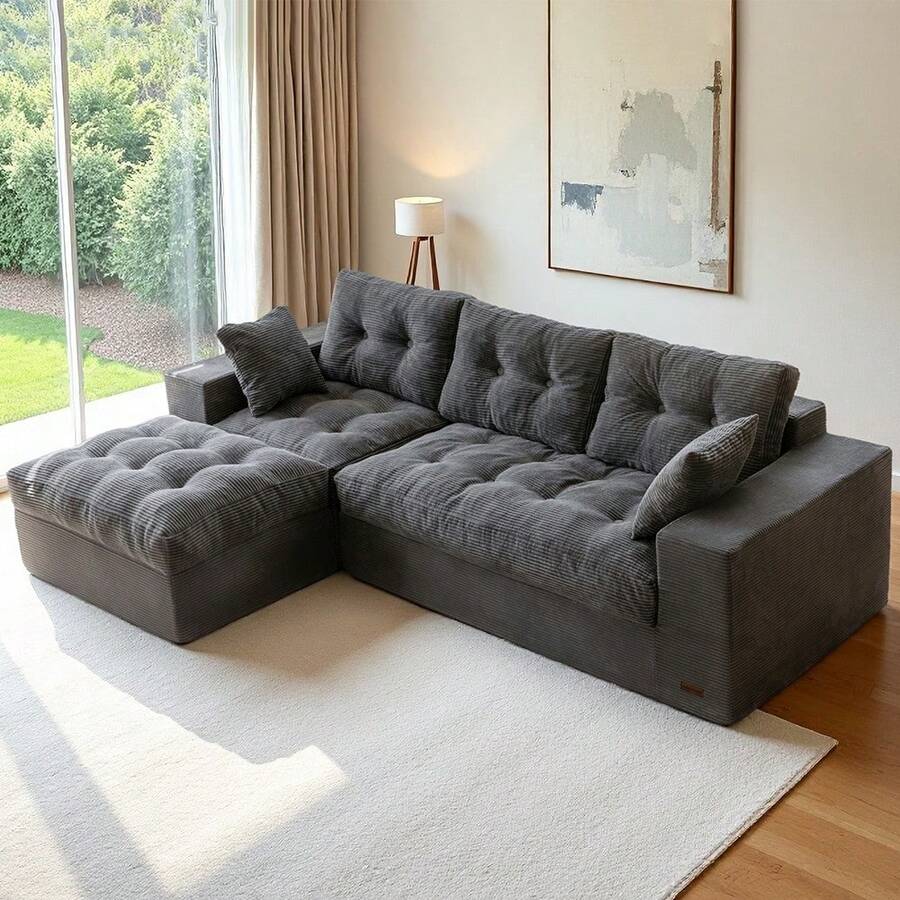 MAXYOYO 104"Modular Sectional Cloud Couch With Ottoman,Oversized L-Shaped Corduroy Sofa,Cloud Boneless Couch With Layered Cushion For Living Room - 灰色 - 查看 1