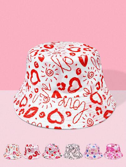 1pc Women's Valentine's Day Heart & Letter Print Reversible Bucket Hat, Sweet & Cute, Suitable For Daily Wear And Valentine's Day Vacation Outfits