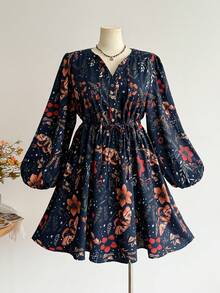 Rusttydustty Vestido con cuello en V, cintura con lazo y estampado bohemio de mariposas y flores - Azul Marino - Ver 4