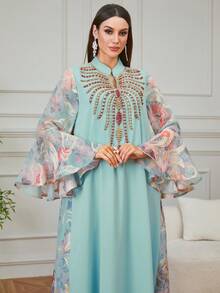 Women's Middle Eastern Ramadan New Arrival Heavy Embroidery, Beaded Floral Fabric V-Neck Long Sleeve Kaftan Robe, Dubai Turkish Party & Casual Wear, Flare Sleeve - Cadet Blue - View 3