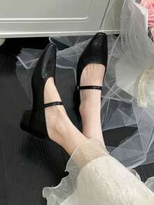Silver Mary Jane Shoes, Minimalist Style, Suitable For Office Or Wedding, Square Toe, Buckle Accent, Spring/Summer New Arrival - Black - View 5
