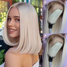 沙龙级染发假发，天鹅绒灰金色短款波波头，100%真人发，180%密度，13x4升级裸色蕾丝前额假发，适合白人女性，可自由分缝/中分/侧分，10英寸/12英寸，2026新款流行假发 - 彩色 - 查看 7