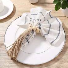 2/4/6/12pcs Vintage Handmade Woven Wooden Bead&Tasseled Napkin Rings,European Style Elegant Table Decor,Suitable For Wedding Party Decoration,Valentine's Day And Daily Decoration - Multicolor - View 9