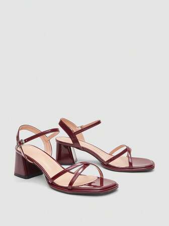 女士栗色勃艮第高跟凉鞋，粗跟金属带简约拖鞋，舒适工作凉鞋