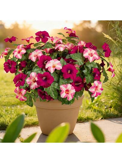 1pc Artificial Petunias Flowers Plants UV Resistant No Fade Floral Realistic Faux Morning Glory Silk Flower Decoration For Spring Garden Balcony Yard Porch Fence Vase,Wedding Birthday Party,Livingroom Office Tablecenter Indoor Outdoor Home Decor