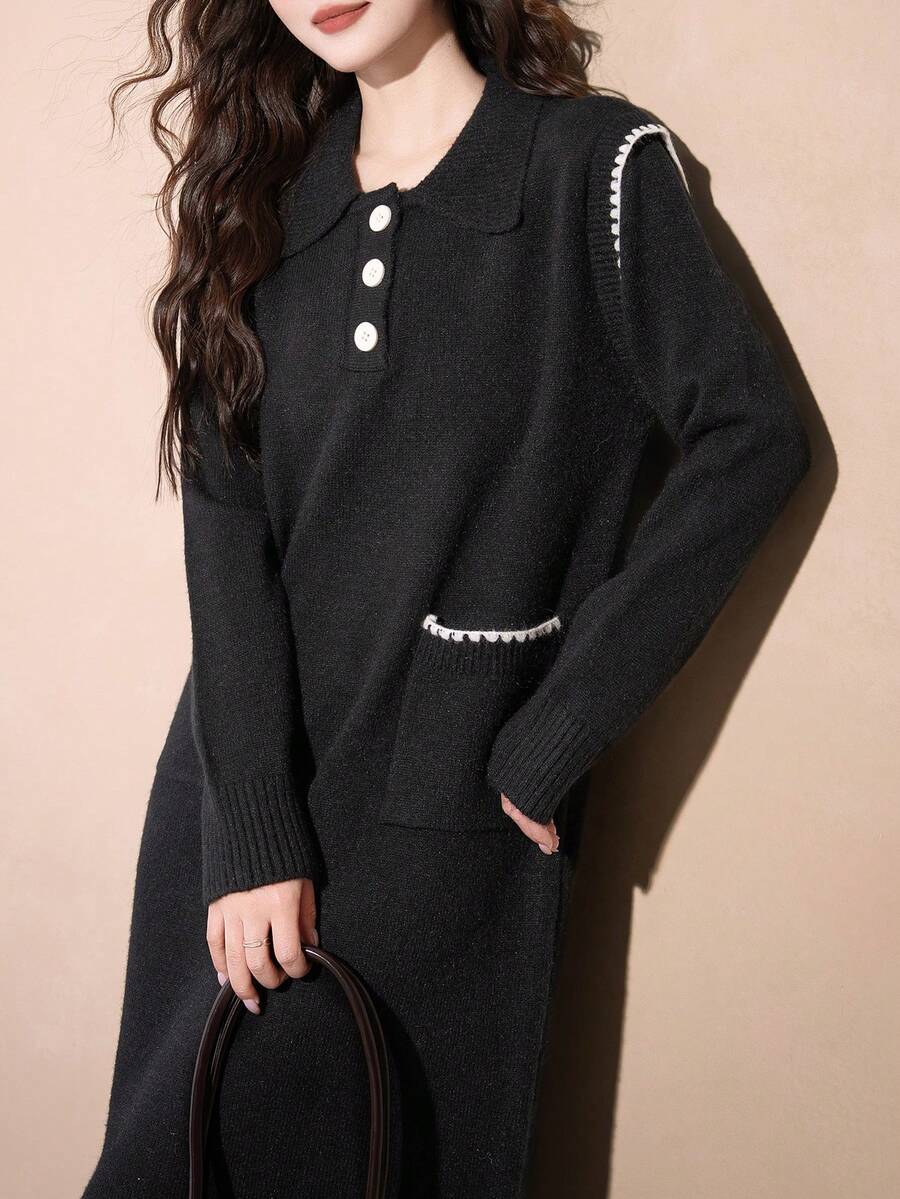 女士休闲舒适翻领连衣裙，春季 - 黑色 - 查看 1