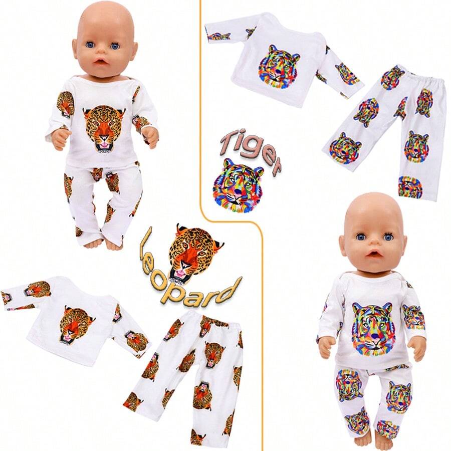 两件套舒适娃娃睡衣（不含娃娃），适合14-18英寸娃娃，包含一件饰有华丽豹纹和虎纹图案的上衣和一条舒适的裤子，是节日惊喜礼物的最佳选择。 - 彩色 - 查看 1