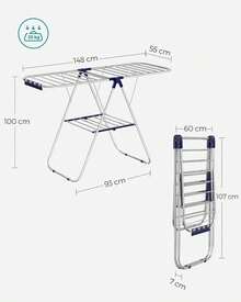 SONGMICS Tendedero de Ropa, con Pinzas para Calcetines, Perchero Metálico para Ropa Sucia, Plegable, Alas Ajustables, Plata y Azul MLLR52BU - Negro - Ver 1