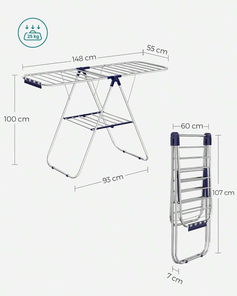 SONGMICS Tendedero de Ropa, con Pinzas para Calcetines, Perchero Metálico para Ropa Sucia, Plegable, Alas Ajustables, Plata y Azul MLLR52BU - Negro - Ver 1