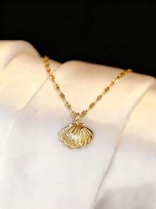 1 pieza Elegante collar de concha personalizado, collar con colgante de perla artificial microincrustada de acero inoxidable - Dorado - Ver 5