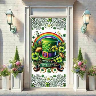 1 pieza Bandera de puerta de poliéster de color arcoíris, diseñada con un diseño de puerta 2D y un sombrero de trébol de cuatro hojas verde, adecuada para la decoración del Día de San Patricio