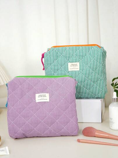 1pc Green Plaid Women's Cosmetic Bag, Large Capacity Portable Makeup Bag, Toiletry Bag, Travel Essential, Cruise Essential, Dorm Essential, Bridesmaid Gift, Mother's Gift, Birthday Gift, Gift For Friends And Teachers, Home Decor, Bathroom, Living Room, Bedroom Decor, Bathroom Storage, Jewelry Storage