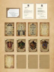 Harry Potter 1本复古霍格沃茨四大学院笔记本，格兰芬多、斯莱特林、赫奇帕奇、拉文克劳学院，哈利波特系列，内页为复古涂鸦风格，复古压纹硬皮双排金属按扣活页笔记本，手工日记本，商务用途，毕业季复古礼物，送给书友、读者[官方授权] - 彩色 - 查看 5