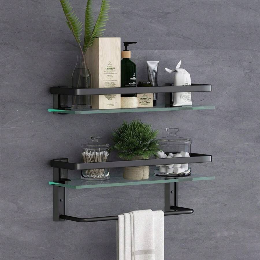 Repisas para Baño Vidrio Repisas Flotantes De Pared Barra de La Toalla Estante Organizador Baño A Prueba de óxido Cristal Negro 2 Unidades - negro 2 unidades - Ver 1